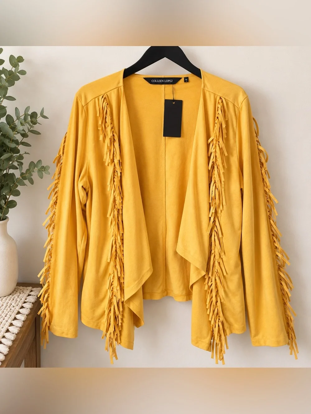 Colleen Lopez Golden Yellow Fringe Open-Front Cardigan